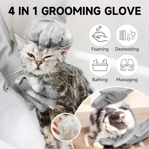 Dog Washing Gloves - Quick Drying Dog Towel,Cat Bath Grooming Gloves Brush with High-Density Teeth for Bathing Massaging，Absorbent Pet Bath Towel 30.3"x13.8" with Hand Pocket for Dog Cat Grey