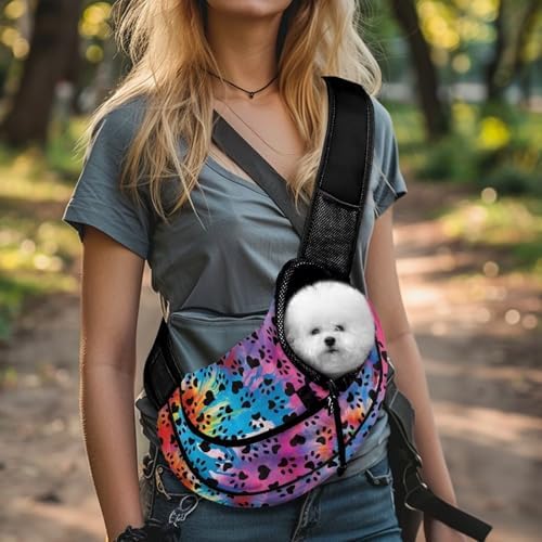 COEQINE Dog Walking Bag Crossbody Carrier Sling for Pet Cute Tie Dye Paw
