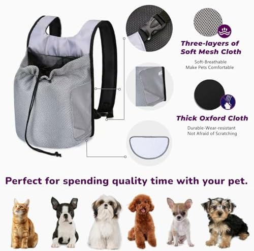 Dog Front Carrier Backpack,Ventilated Mesh Puppy Back Pack with Safety Belt,Adjustable Breathable Pet Carrier for Small Dogs Cats,Lightweight Doggy Backpack for Hiking Cycling Outdoor