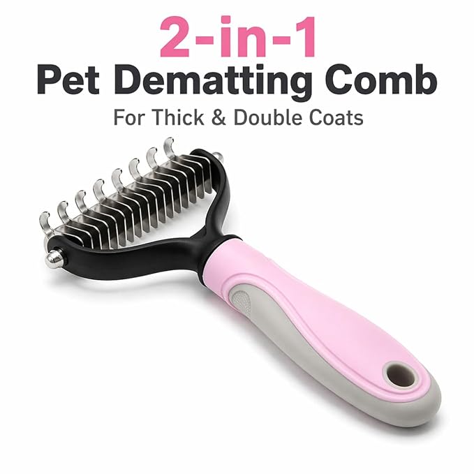 Pet Pro Grooming Tool, 2-In-1 Double-Sided Grooming Tool, Sided Deshedding Dematting Tool, Undercoat Rake for Dogs & Cats, Extra-Wide Dog Grooming Brush & Deshedder Comb for Long Hair(Blue + Pink)