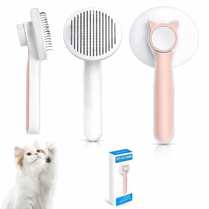 Generic Cat & Dog Grooming Brush, Pink - Self-Cleaning Slicker Brush with Massage Particles, Removes Loose Undercoat, Ergonomic Handle