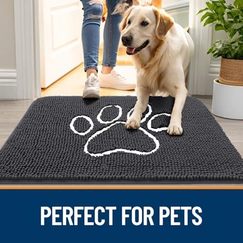 OLANLY Dog Door Mat for Muddy Paws 30x17, Paw Print Design Chenille Mud Mat