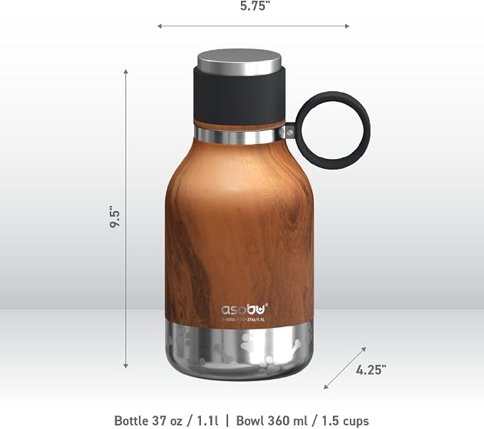 Asobu Buddy Bottle a Stainless Steel Insulated Water Bottle for with Removable Dog Water Bowl and Dog Food and Treat Storage Bowl (Wood, 37 oz Water Bottle with Bowl)