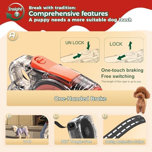 10 ft Retractable Dog Leash for Tiny & Small Dogs, Puppies, Cats