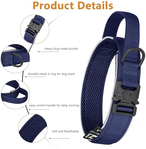 HYDEME Tactical Dog Collar, Alpine Loop Adjustable Military Training Nylon Dog Collars with Handle and Reflective for Small Medium Large Dogs, with Airtags Protective Case & Patches.(XL,Deepblue)