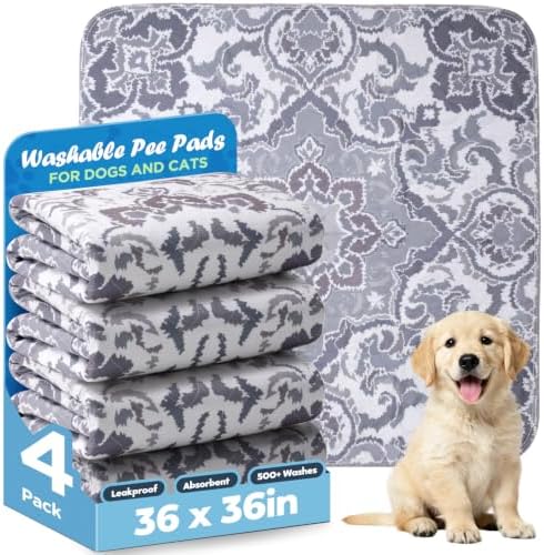 Washable Pee Pads for Dogs 36" x 36" - 4 Pack, Gray, Stylish Reusable Puppy Training Pads - 100% Waterproof & Leak-Proof & Non-Slip, Potty Pads for Whelping, Crate, Floor