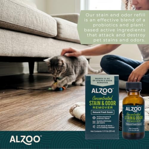 ALZOO Concentrated Pet Stain & Odor Remover Refill, Makes Up to 96 Fl Oz Cleaning Solution, Enzyme & Probiotic Formula, Refill Bottles for Dogs & Cats, 1.1 Fl Oz (Pack of 3)