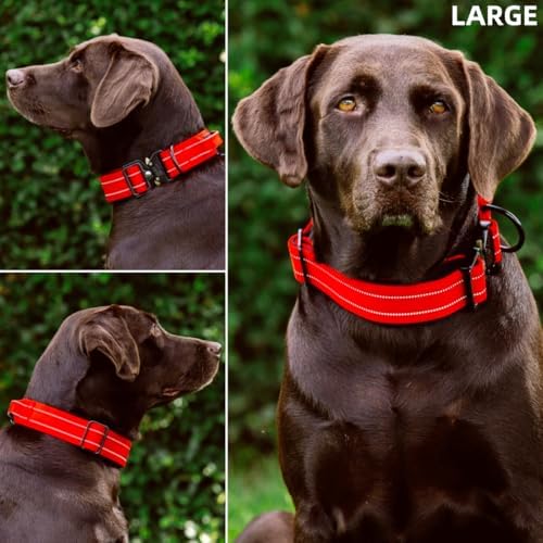Tuff Pupper Tactical Dog Collar | Heavy Duty 1.5" Wide Ballistic Nylon | Training Control Handle | Quick-Release Metal Buckle | Reflective Bands | ID Tag Holder | Padded Inner Lining (Red, Large)