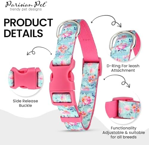 Parisian Pet Floral Dog Collar - Adjustable Spring Blossoms Girl Pet Collar with Secure Buckle and Metal D-Ring - Comfortable Designer Puppy Collars - Durable Nylon Dog Collars for Small Dogs