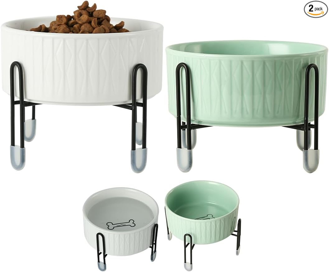 32 OZ Ceramic Dog Bowls with Metal Stand, 6.5 Inch Pet Food Water Bowl Set | Raised Pet Food Water Dish, 2 Heights, for Cats & Dogs, Prevent Neck Fatigue, White & Green