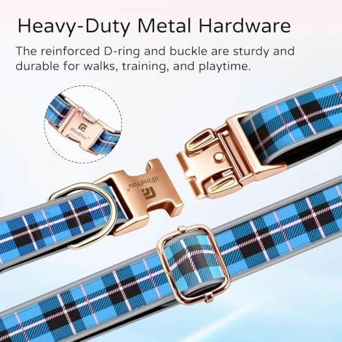 Reflective Plaid Dog Collar for Medium Dogs, Blue-M