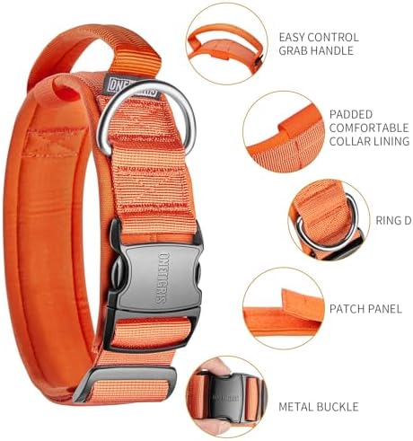 OneTigris Heavy Duty Dog Collar for Medium Dog with Traffic Handle Orange M