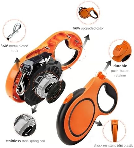 26Ft Retractable Dog Leash, Heavy Duty Great Leash for Dog up to 110 lbs, Anti-Slip Rubberized Handle, One-Handed Brake, Strong Nylon Tape, Tangle Free(Large，Orange&Black).