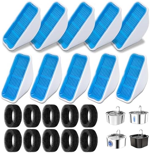 Replacement Filters for 3.2L/2.5L Cat Water Fountain, 10-Pack Filters and10 Pre-Filter Sponges, Multi-Layer Filtration System for Pet Fountain, Removes Impurities and Odors