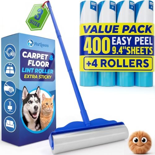 PetLovers Large Lint Roller with 3 Refills – 400 Total Sheets for Tackling Pet Hair, Extra Large Floor and Carpet Roller for Homes with Pets, Perfect for Floors, Furniture, and Loving Pet Owners