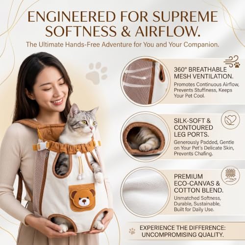 Cute Bear Design Front Pet Carrier Backpack, Adjustable Breathable Front Facing Pet Carrier for Small Dogs and Cats, Hands-Free Legs Out Puppy Chest Bag for Outdoor Hiking & Bike Riding，Small