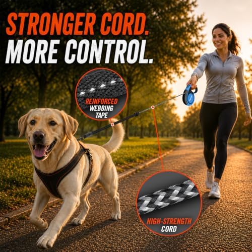 22.6 FT Retractable Dog Leash for Dogs 5-110 lbs–Reflective Leash with Reinforced Tape & Strong Cord–Quick Lock Button–360° Swivel System–Stainless Steel Spring–Comfortable Anti-Slip Handle BL