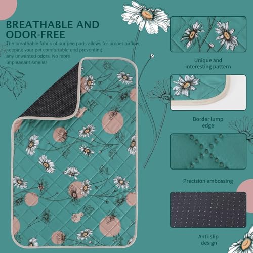 IEUUMLER Washable Pee Pads for Dogs, 2 Pack Non-Slip & Waterproof Whelping Pad, Reusable Puppy Potty Training with Fast Absorbent for Playpen EU007 (Teal Daisy, 31"X36"-2pcs)