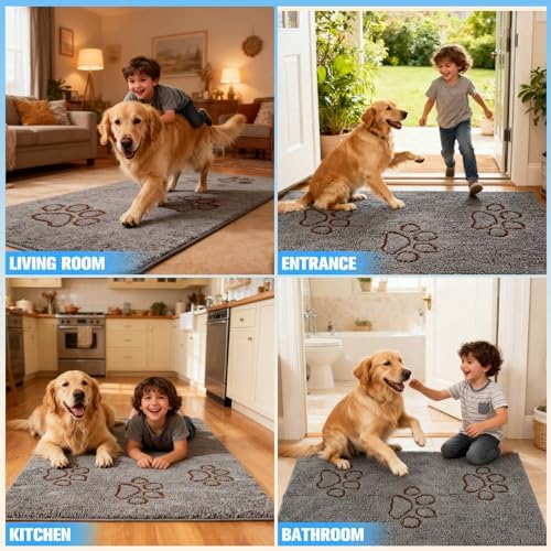 EXPAWLORER Dog Door Mat for Muddy Paws - Highly Absorbent Microfiber Pet Rug, Quick Dry Chenille Dog Runner Rug Indoor Outdoor, Non-Slip Entryway Carpet Washable Mud Mat for Dogs, Grey 36"x24"