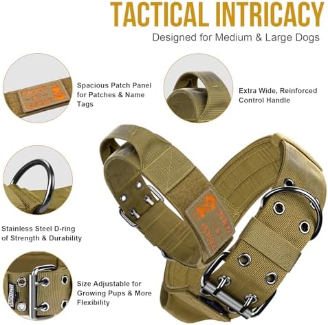 OneTigris 2 Inch Wide Tactical Dog Collar with Handle Brown XL