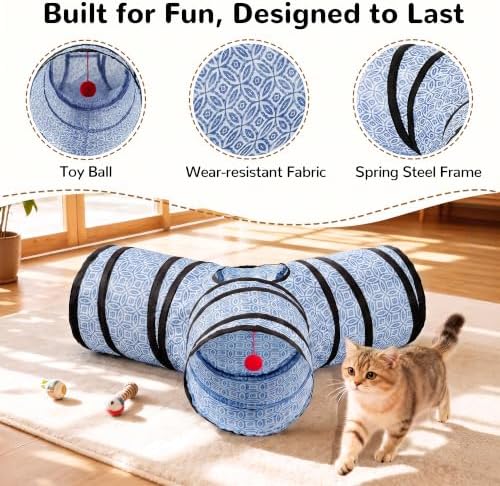 Tempcore 3 Way Collapsible Cat Tunnel for Indoor Cats, Pet Tunnel Bored Toys with Peek Hole & Ball for Puppy, Kitty, Kitten, Rabbit
