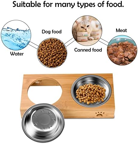 Elevated Bamboo Pet Bowls for Dogs and Cats, Customizable with Stainless Steel Bowls, Anti-Slip Feet