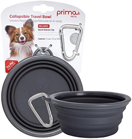 Prima Pet Collapsible Silicone Water Travel Bowl with Clip for Dog and Cat, Portable and Durable Pop-up Feeder for Convenient On-the-go Feeding - Size: Small (1.5 Cups) Grey