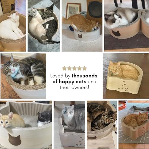 Necoichi Cat-Headed Scratcher Bed (Birch, Large) | Cardboard Cat Scratcher Bowls for Indoor Cats - Cat Scratching Board, Cat Scratch Pad Lounger with Reversible Usability and Extra Comfort for Lounge