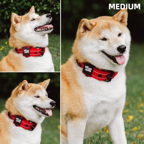 Tuff Pupper Heavy Duty Tactical Dog Collar | 1.5" Wide Ballistic Nylon | Reflective Stitching | Integrated ID Tag Holder | Stainless Steel Buckle | Padded Lining | Medium & Large Dogs (Red, Medium)