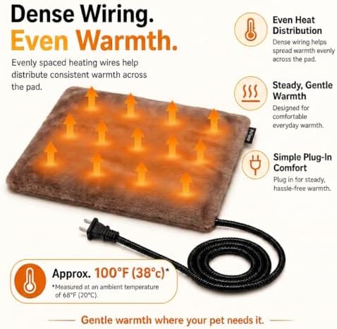 Pet Heating Pad for Cats Dogs Indoor & Sheltered Outdoor Waterproof Heated Cat Bed Heated Dog Bed Chew Resistant Cord Constant Temperature Electric Warming (Brown, M: 20" × 16" × 1.3")