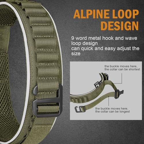 HYDEME Tactical Dog Collar, Alpine Loop Adjustable Military Training Nylon Dog Collars with Handle and Reflective for Small Medium Large Dogs, with Airtags Protective Case & Patches.(M,OliveGreen)