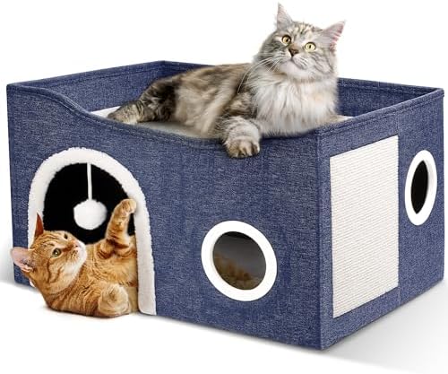 Heeyoo Cat House for Indoor Cats - Large Cat Bed Cave with Fluffy Ball and Scratch Pad, Foldable Cats Houses & Condos, Cat Hideaway, Covered Kitty Bed for Multi Small Large Kitty, 23.8x15.9x13.2 Inch