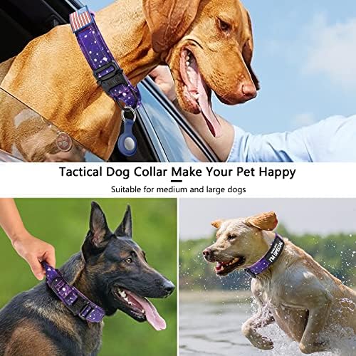 DAGANXI Tactical Dog Collar, Adjustable Military Training Nylon Dog Collar with Control Handle and Heavy Metal Buckle for Medium and Large Dogs, with Patches and Airtags Case (M, Purple Sky)