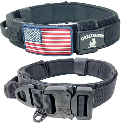 Tactical Dog Collar with Handle, American Flag Patch, 1.5 Inch Wide Thick Heavy Duty Nylon, Quick Release Metal Buckle, Customizable Name Plate, Ideal Dog Collars for Medium to Large Breeds K9 Harness