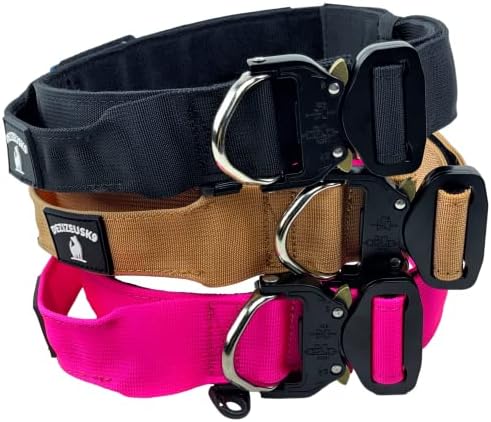 Tactical Dog Collar with Handle - 1.5 Inch Thick Heavy Duty Nylon, Military Style Metal Quick Release Buckle & Integrated D-Ring, for Medium & Large Dogs – Includes USA Flag On Customizable Name Plate