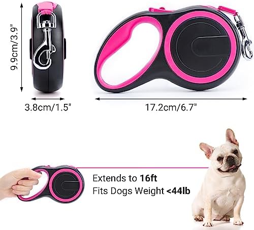 Segarty Pink Retractable Dog Leash, 16ft Heavy Duty Walking Dog Leash for Medium Small Dogs up to 44lb, Anti-Slip Handle 360°Tangle-Free Nylon Tape, One-Handed One Button Lock and Release