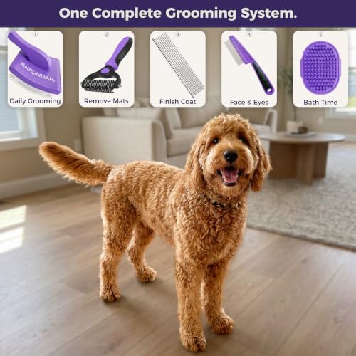5PCS Dog Grooming Kit with Long Pin Slicker Brush for Dogs, Violet