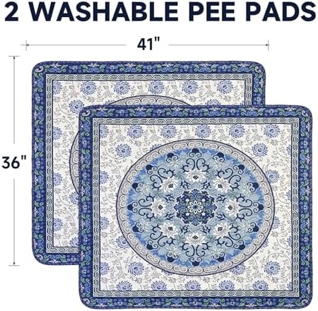 Washable Pee Pads for Dogs 2 Pack,36"x41" Waterproof Non-Slip Reusable Puppy Pad with Fast Absorbent,Leakproof Whelping Pads for Pet Housebreaking (Indigo Blue Medallion, 36"x41"(Pack of 2))