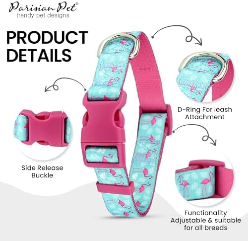 Parisian Pet Flamingo Dog Collar - Adjustable Light Blue and Pink Girl Pet Collar with Secure Buckle and Metal D-Ring - Comfortable Designer Puppy Collars - Durable Nylon Dog Collars for Small Dogs