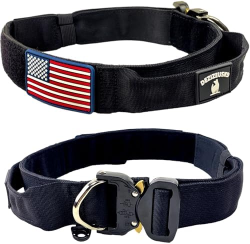 Tactical Dog Collar with Handle - 1.5 Inch Thick Heavy Duty Nylon, Military Style Metal Quick Release Buckle & Integrated D-Ring, for Medium & Large Dogs – Includes USA Flag On Customizable Name Plate