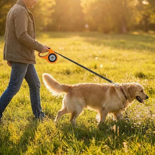 16 ft Retractable Dog Leash for Extra Large Dogs up to 130 lbs,Tangle-Free Nylon Tape,Orange Dan24 XL