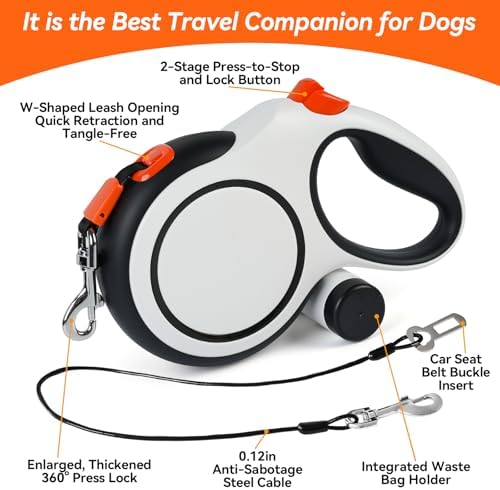 26ft Retractable Dog Leash for Large Dogs Up to 110lbs, Orange