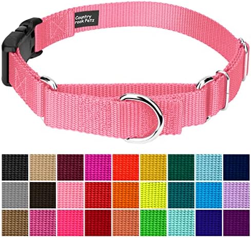 Martingale Dog Collar - Heavy Duty Nylon Adjustable Martingale Dog Collar with Plastic Buckle for Small Medium Large Breeds - 30+ Colors (1 Inch, Medium, Pink)
