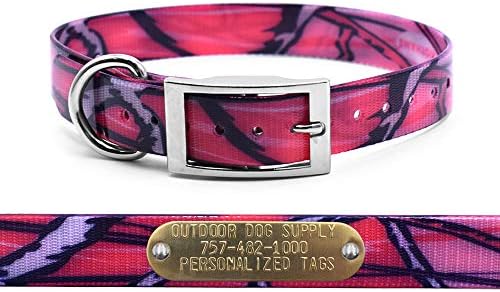 Heavy Duty Waterproof D-Ring Dog Collar w Custom Name Tag, Pink Camo 21"