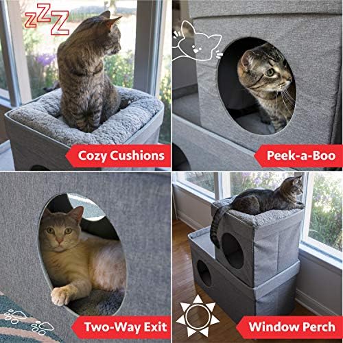 Kitty City Large Stackable Cat Condo & Cube House, Modular Indoor Cat Furniture with Plush Washable Beds, Collapsible Cat Cave & Lounging Ottoman, Grey