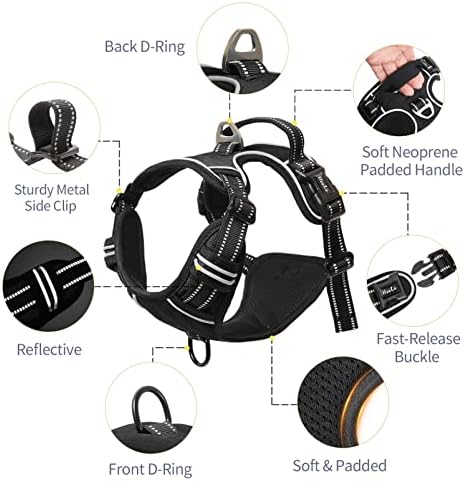 HEELE Dog Harness, No Pull Adjustable Padded Reflective Harness for Small Medium Large Dogs with Handle for Walking Training, Black, M