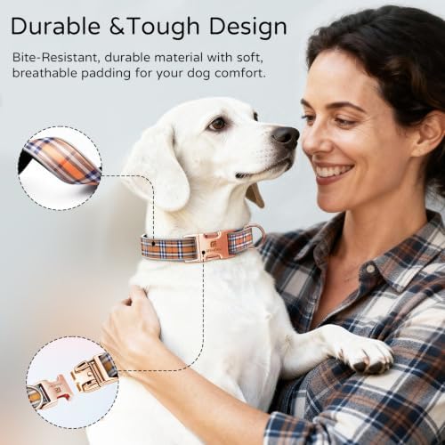 Reflective Plaid Dog Collar for Medium Dogs, Light Orange-M