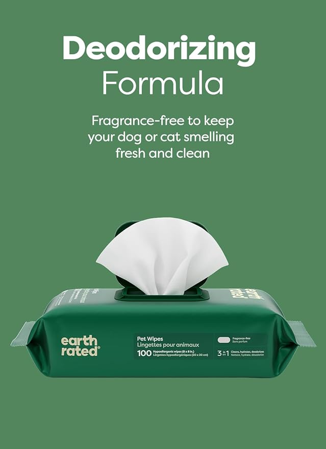 Earth Rated Dog Wipes for Paws & Butt, Deodorizing, Unscented, 100ct | Hypoallergenic, 3-in-1 Cleaning and Hydrating, for Grooming Paws, Body and Butt