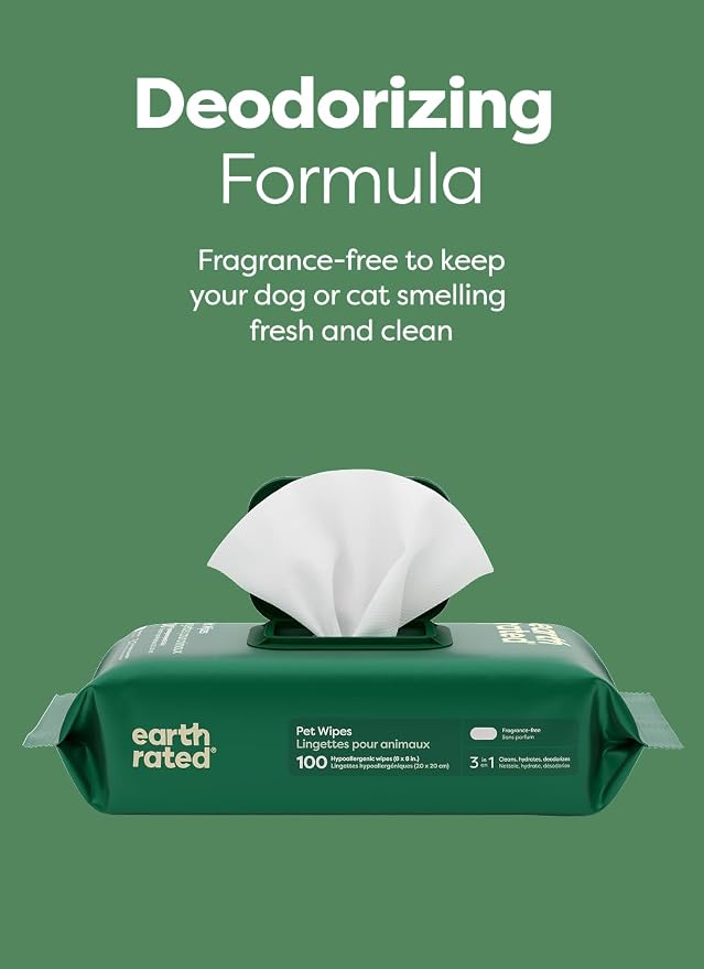 Earth Rated Dog Wipes for Paws & Butt, Deodorizing, Unscented, 200ct | Hypoallergenic, 3-in-1 Cleaning and Hydrating, for Grooming Paws, Body and Butt