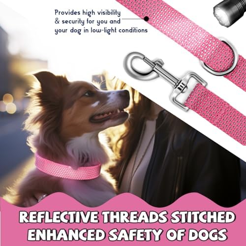 Reflective Dog Collar and Leash Set, Nylon Dog Leash with Heavy-Duty Steel D-Ring, Adjustable with Quick Release Buckle for Small Dogs, Pink S